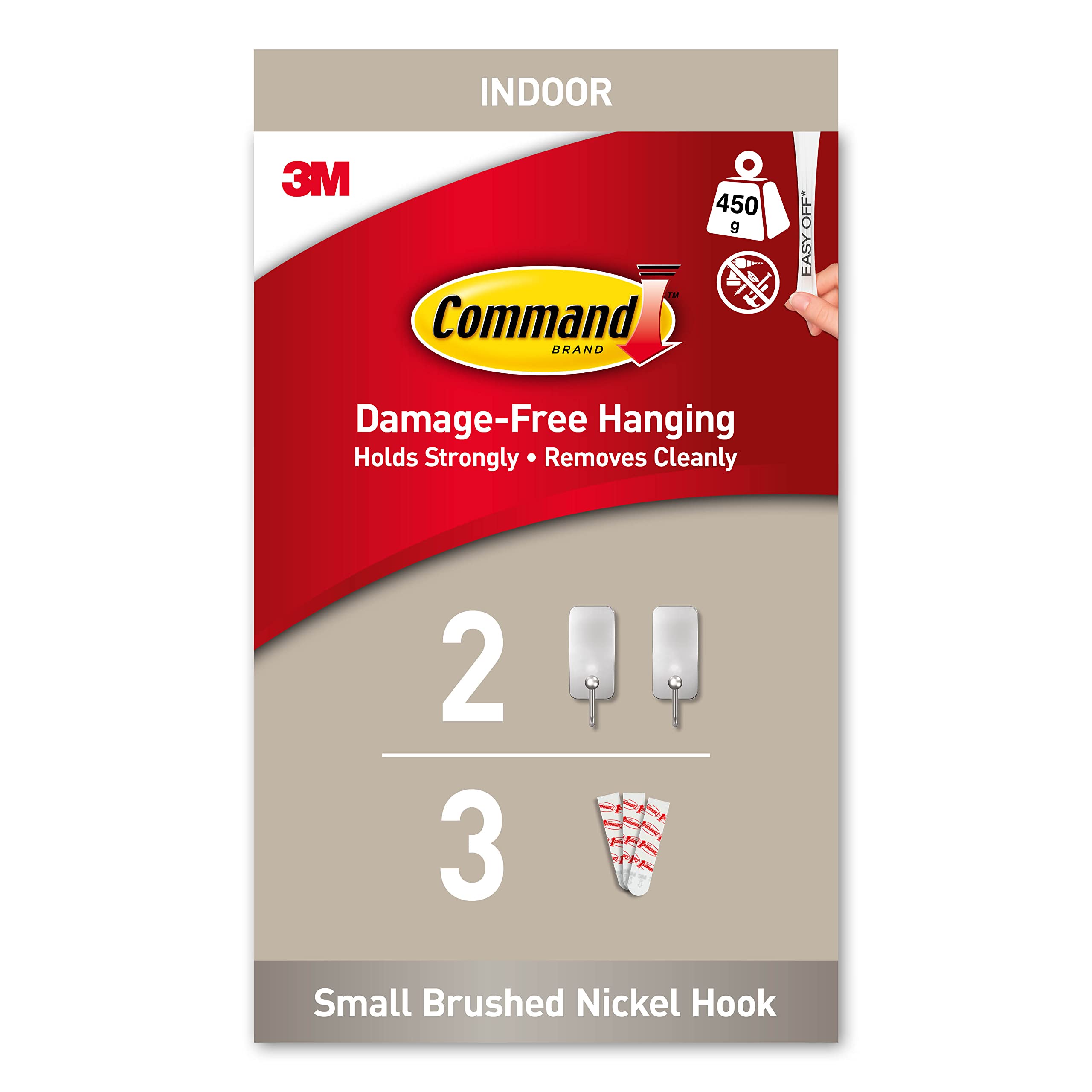 Command Decorative Hook, Brushed Nickel, Indoor use - 2 Metal Small Hooks and 3 Adhesive Strips - Hang Keys, Hats, Scarves and More - Organise Damage Free