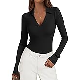 KIRUNDO Polo Shirts for Women Long Sleeve Business Casual Tops 2026 Spring Fall Ribbed Knit Collared V Neck Slim Work Blouses