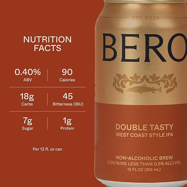 BERO DOUBLE TASTY WEST COAST STYLE IPA NON-ALCOHOLIC BEER, 6-PK HOPPY IPA-STYLE CRAFT BREW, NA BEER BY TOM HOLLAND, ALCOHOL-FREE DRINKS, BOLD HOPPY FLAVOR, ALCOHOL ALTERNATIVE BEVERAGES FOR ANY EVENT