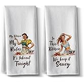 Funny My Kitchen My Rules Towels gifts for Hostess Mom Women Friend Housewarming New Home BBQ Grilling Cooking Dish Towels,16 * 24,2pcs, Joked Absorbent Dishcloth, Hilarious Microfiber Bar Hand Towels