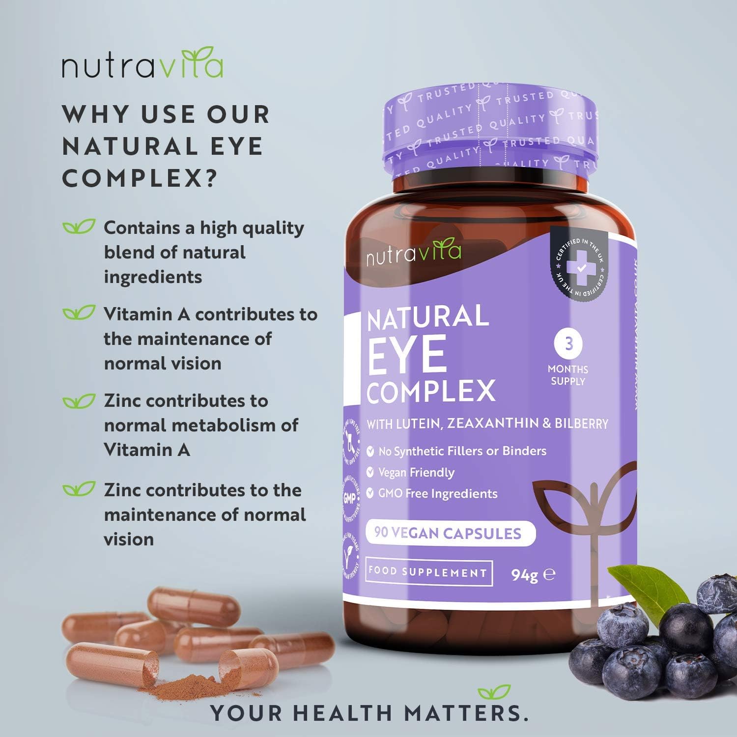 Nutravita Lutein Natural Eye Supplement, 90 Vegan Capsules, Zeaxanthin, Bilberry Extract, Vitamins A, B12 & Zinc - Image 3