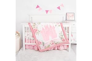 TANOFAR 4-Piece Crib Bedding Set for Baby Girls, Floral Castle Nursery Bedding Set Includes Comforter, Fitted Crib Sheet, Crib Skirt, and Diaper Stacker, Pink