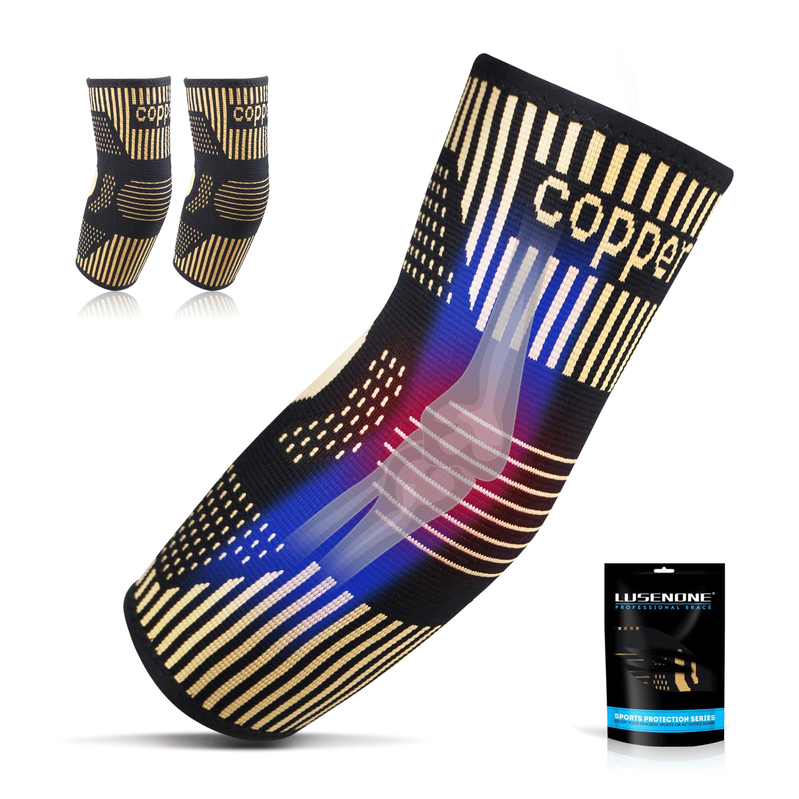 Lusenone 2 Pack Copper Elbow Support for Men/Women-Professional Elbow Brace Compression Sleeves Support for Tendonitis, Arthritis, Tennis, Golf, Weightlifting,Gym