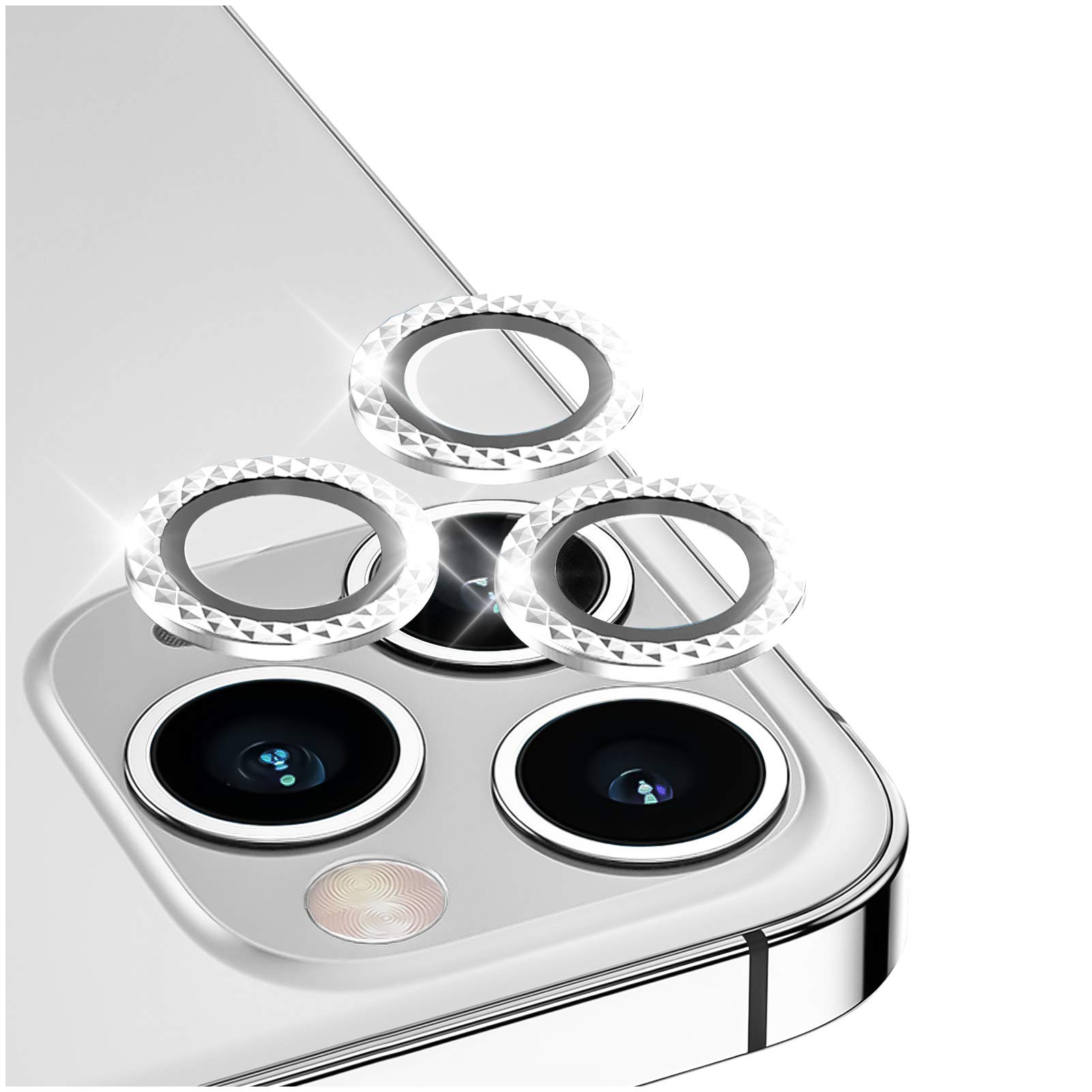 DIKKAR Camera Lens Protector for iPhone 12 Pro Max, Anti-Scratch HD Tempered Glass Aluminum Alloy Back Camera Protector Sticker,Easy Installation Metal Ring Circle Lens Screen Cover Film (Sparkling)