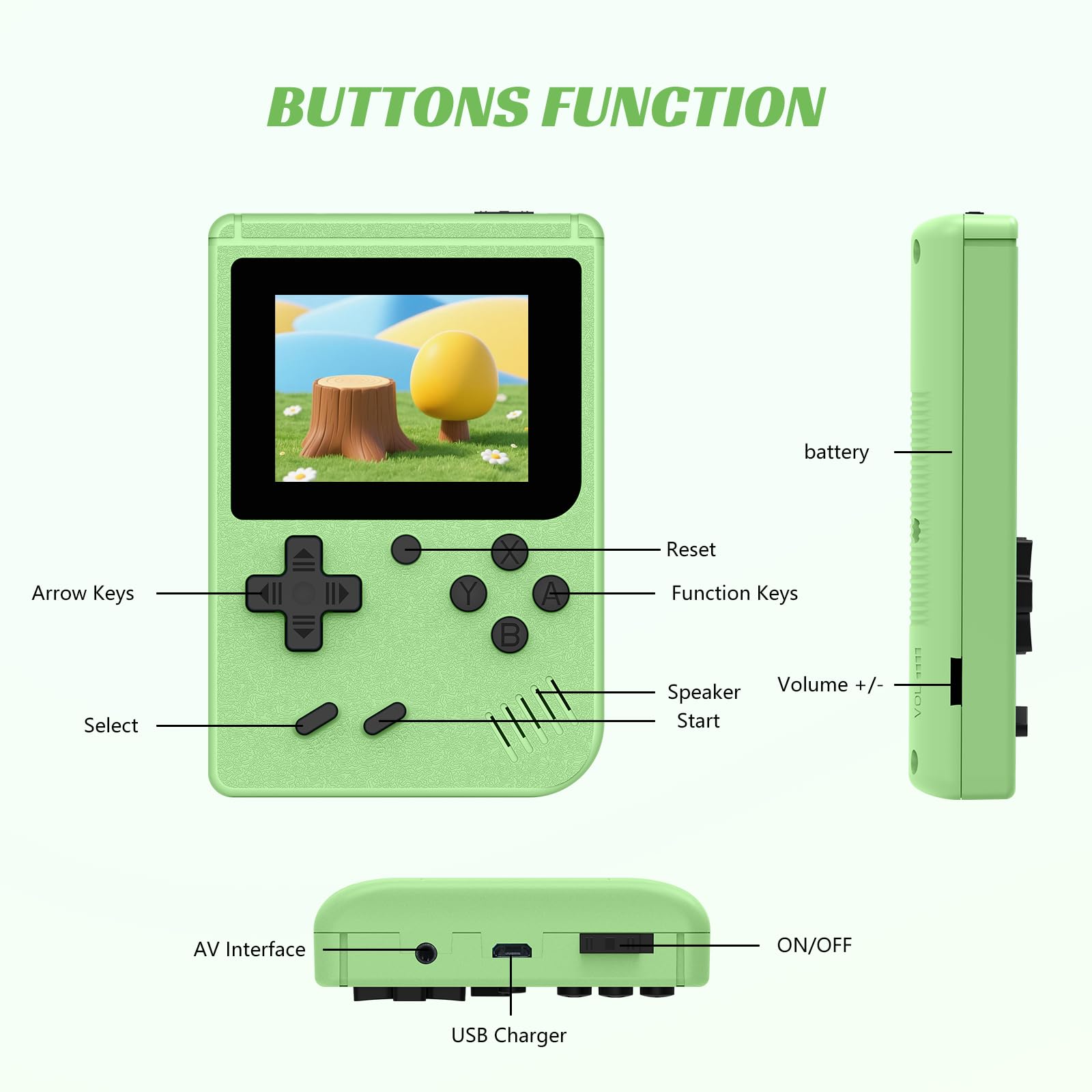 Retro Handheld Games Console, Built-in 400 Video Games,Portable Video Gaming Player with 3.0 Inch IPS Screen and Rechargeable Battery (Green)