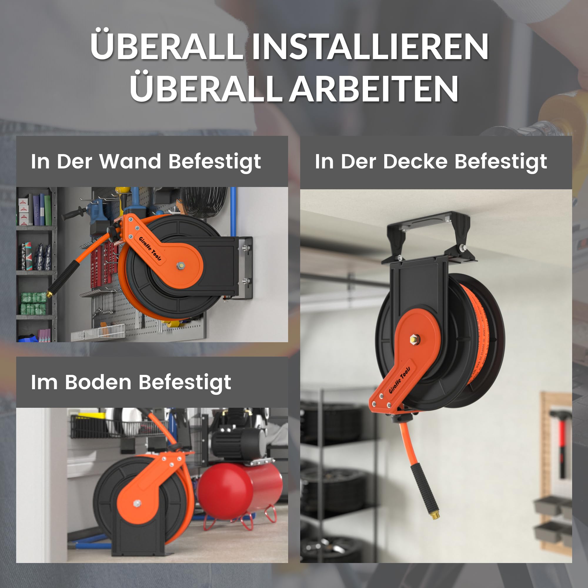 Giraffe Tools Automatik Druckluftschlauchtrommel 15M-Robuster Aufroller mit 1/4" Anschluss&3/8" Schlauch (Ø9,5mm) max 300PSI für Werkstatt und Garage-Plus Version mit 180°Schwenkbracket und Zubehörset 5
