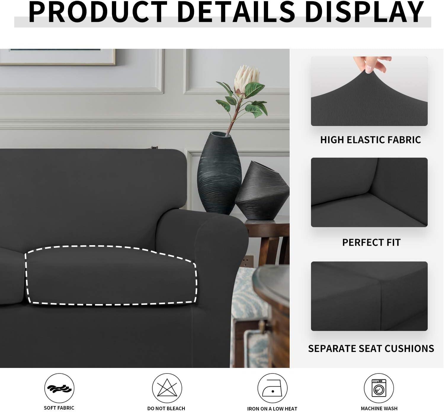 Easy-Going 4 Pieces Stretch Soft Couch Cover for Dogs - Washable Sofa Slipcover for 3 Separate Cushion Couch - Elastic Furniture Protector for Pets, Kids (Sofa, Dark Gray): Furniture & Decor
