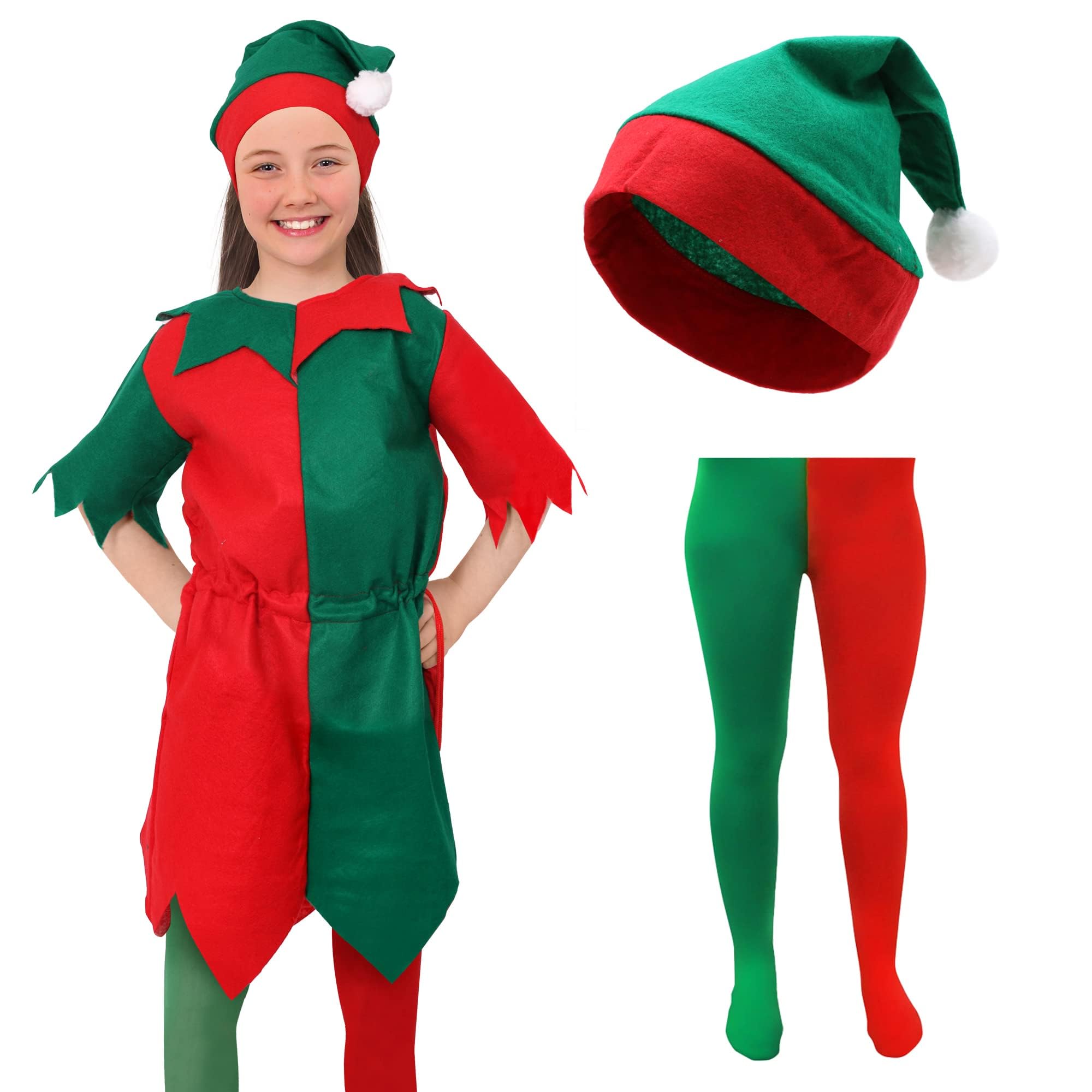 Girls Elf Costume Christmas Fancy Dress - Red/Green Tunic + Elf Hat With Pom Pom + Red and Green Tights - Cheeky Christmas Elves Santa's Grotto X-Large
