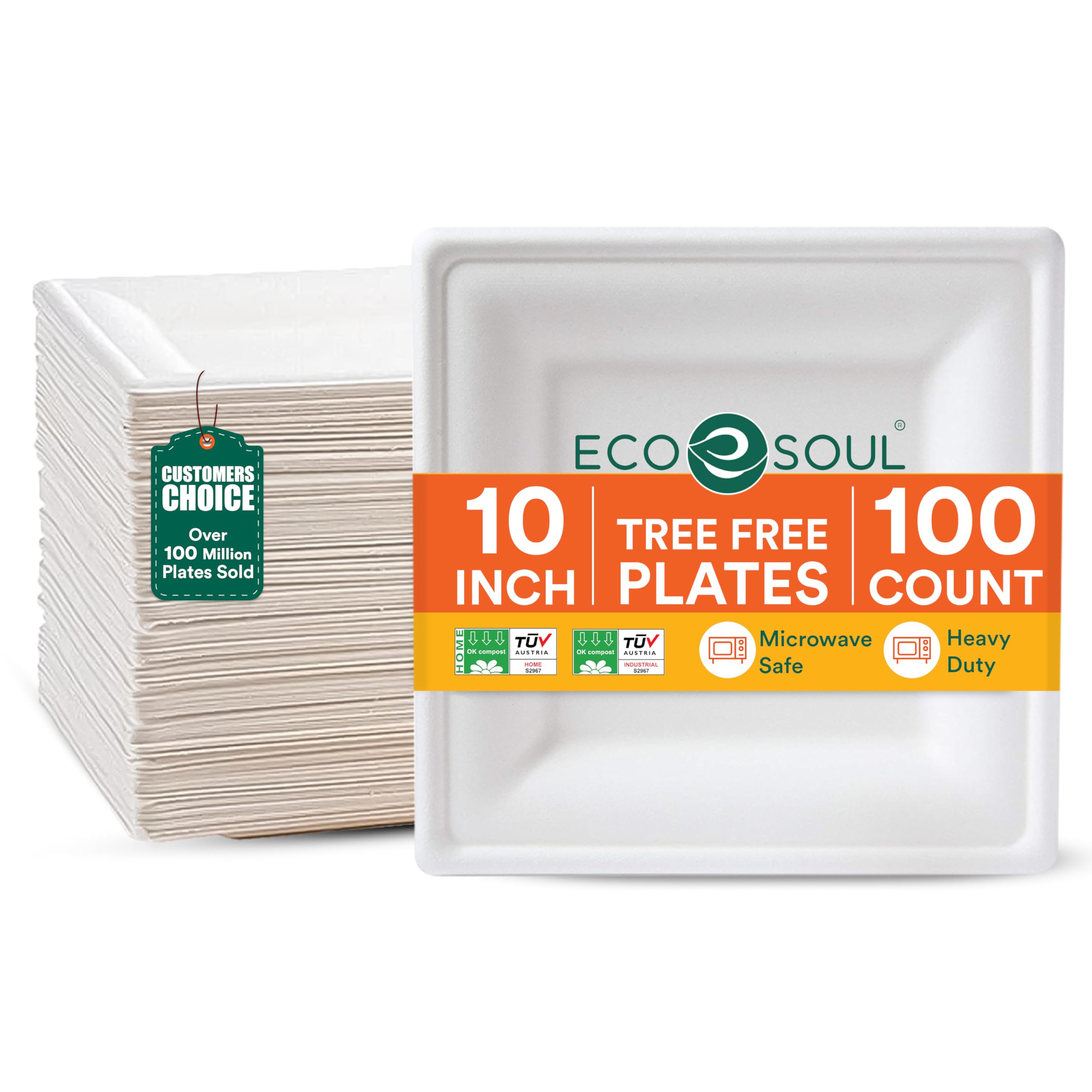ECO SOUL Square Paper Plates (25Cm) 10" [100-Pack] Heavy Duty Compostable Sugarcane Bagasse Dinner Plates | Eco Friendly Biodegradable Disposable Plate for Dinner, Parties & Events