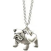 English Bulldog Charm Necklace, Bull Dog Pet Lover Gift, Silver Metal with Heart Pendant on a Chain, Ladies I Love Dawgs Short Hair