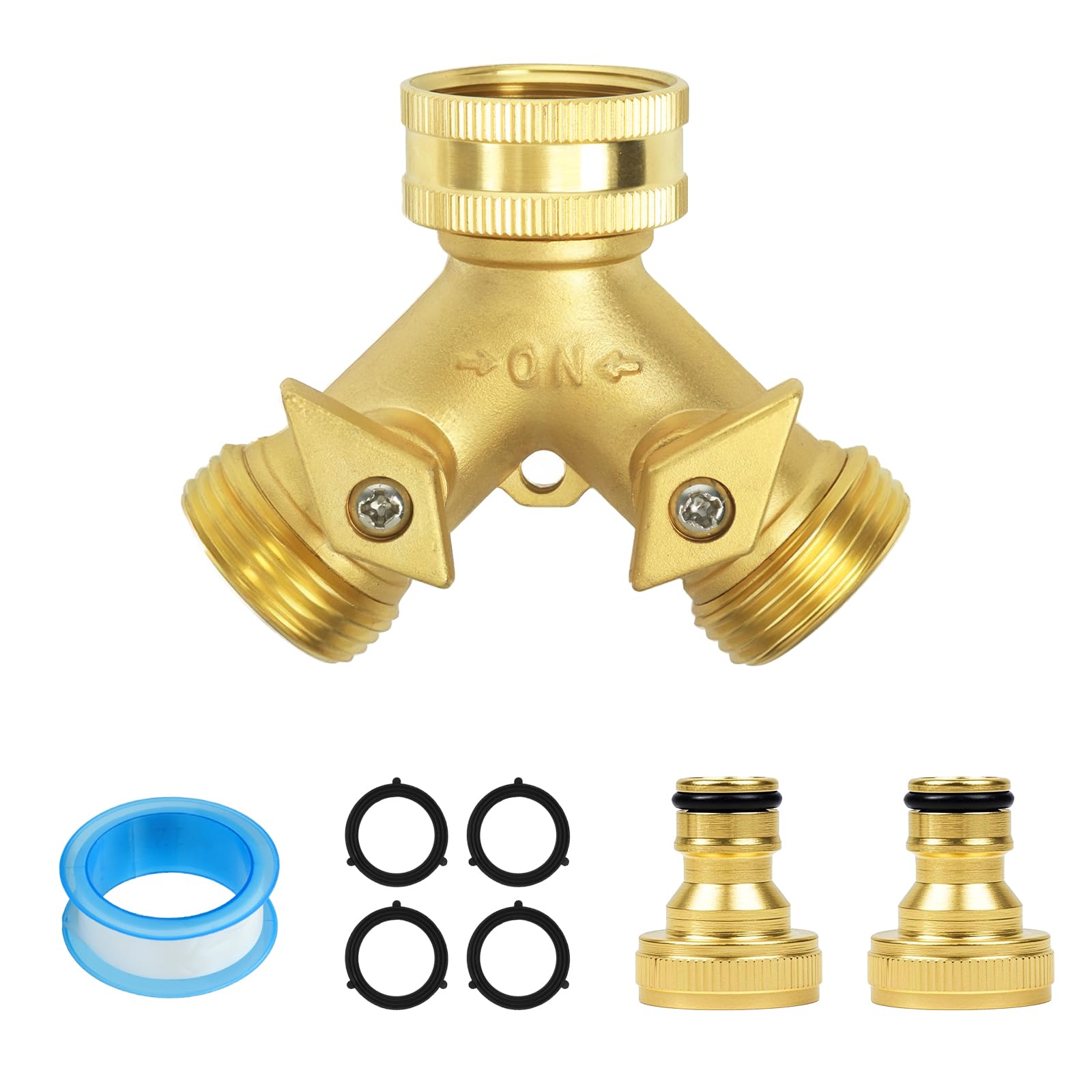 2 Way Brass Tap Connector, Garden Hose Splitter 2 Way Y Valve Brass Hose Connector Garden Tap with 2Pcs 3/4" Hose Pipe Splitter