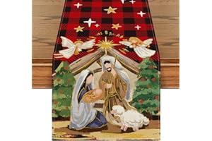 Artoid Mode Buffalo Plaid Kogiya Shepherd Christmas Table Runner, Winter O Holy Night Xmas Kitchen Dining Table Decoration for Home Party Decor 13x72 Inch