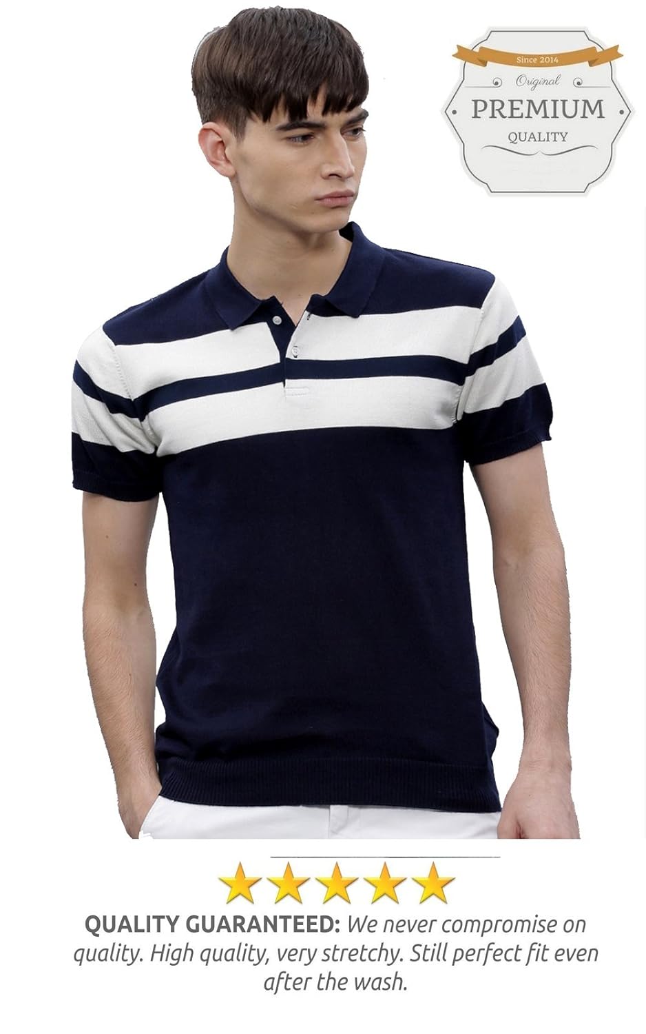 scatchite men&rsquo;s matte half sleeve navy blue with white contrast striped polo t-shirt
