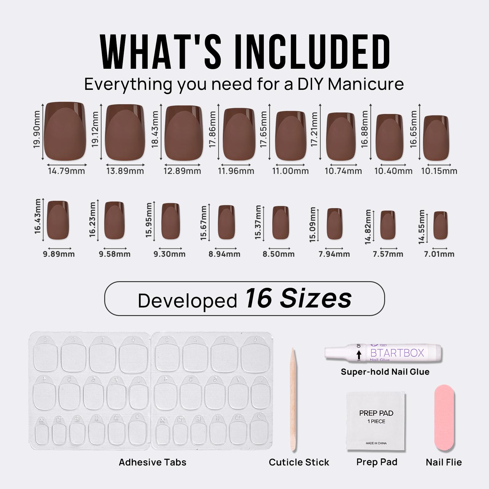 BTArtbox Press on Nails Short Square - Dark Brown Nails with Glossy French Tips in a Matte Finish, Soft Gel Fake Nails Glue On Nails in 16 Sizes for Gift, Coffee Toffee - Image 5