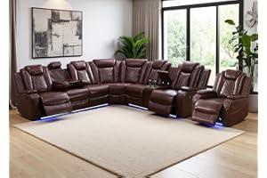 Anthato Power Recliner Sectional Sofa Set with LED, Breathing Leather Reclining Corner Couch & Chair, L-Shaped Home Theater Seating with Charging/Storage for Living Room (Sectional+Chair,Burgundy Red)