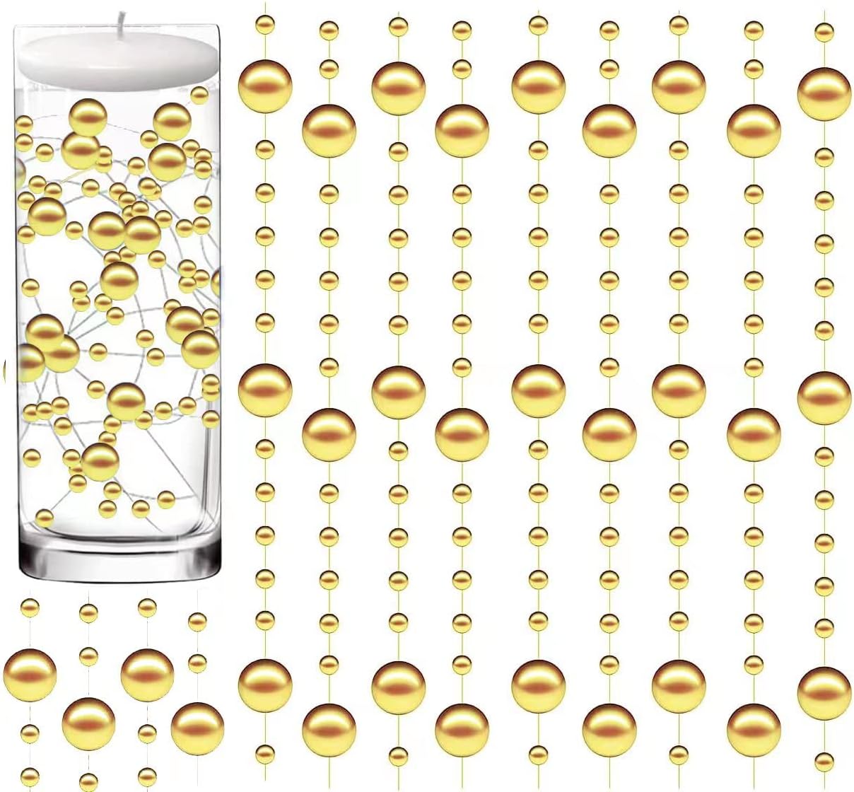 Vase Fillers - 50 Pcs Pearl String for Floating Candles Centerpiece, Gold Faux Pearl Beads Vase Filler for Wedding Table Décor. (Gold)