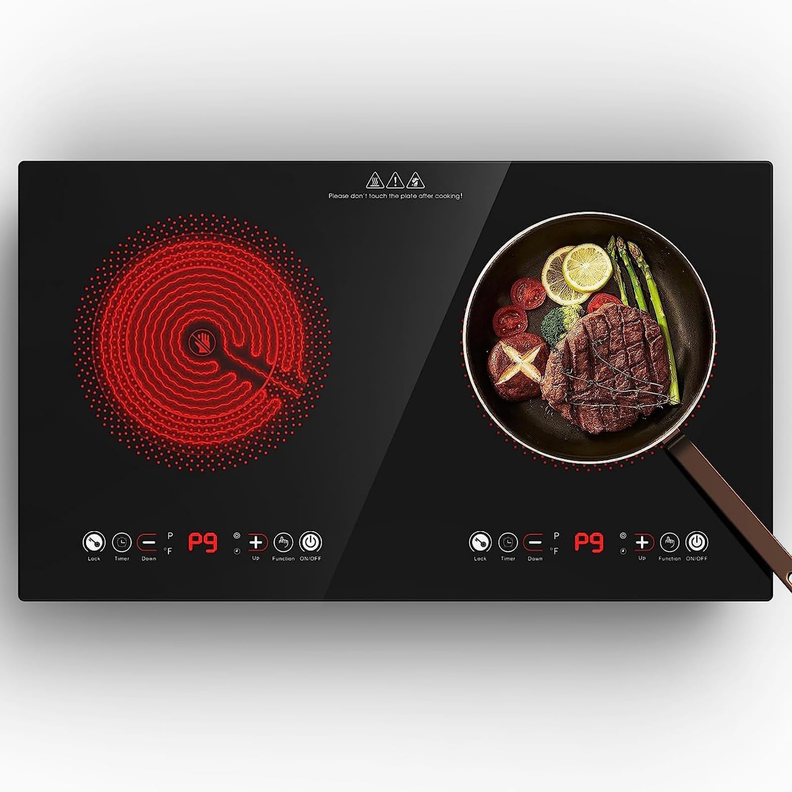 Electric Cooktop, 24 Inch 2 Burner Cooktop 110V, Built-in and Countertop Stove Top Plug in, 2400W Electric Stove, Compatible for All Cookware,Timer & Kid Safety Lock