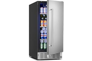 Feelfunn 15 Inch Undercounter Beverage Refrigerator - 126 Cans Beverage Fridge with Stainless Steel Door for Beer Wine Soda - Built-in or Freestanding Wine Cooler for Home Kitchen Bar Outdoor