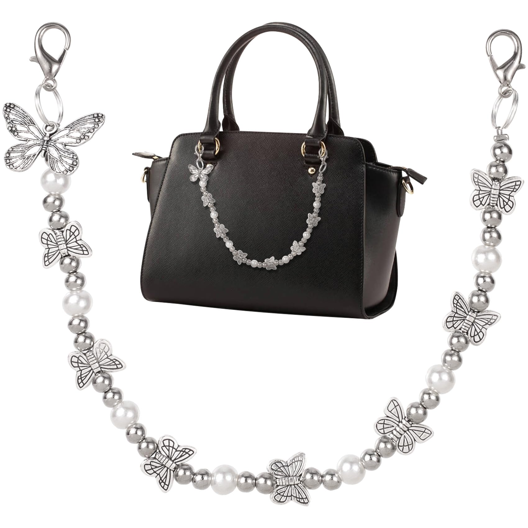Photo 1 of HINZIC Butterfly Purse Chain Handbag Straps, Silver Artificial Pearl Metal Shoulder Crossbody Bags Short Handle Replacement Charm Accessories for Women - 1PCS