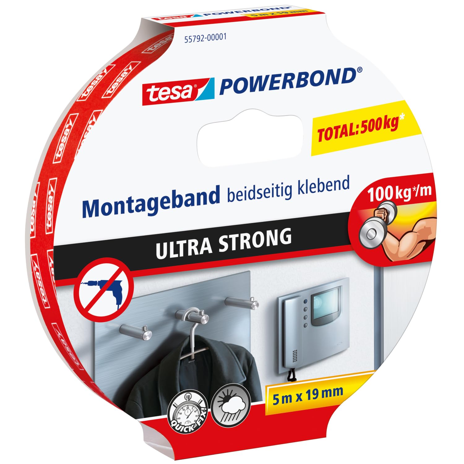 tesa Powerbond Ultra Strong Ruban Adhésif de Montage Double Face Extra Fort – Adhésif Puissant pour la Fixation D'Objets Sans Percer – 5 m x 19 mm
