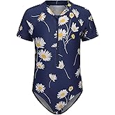Girls One Piece Swimsuits Short Sleeve Rash Guard for Girl Hawaiian Bathing Suit with Sun Protection Beachwear