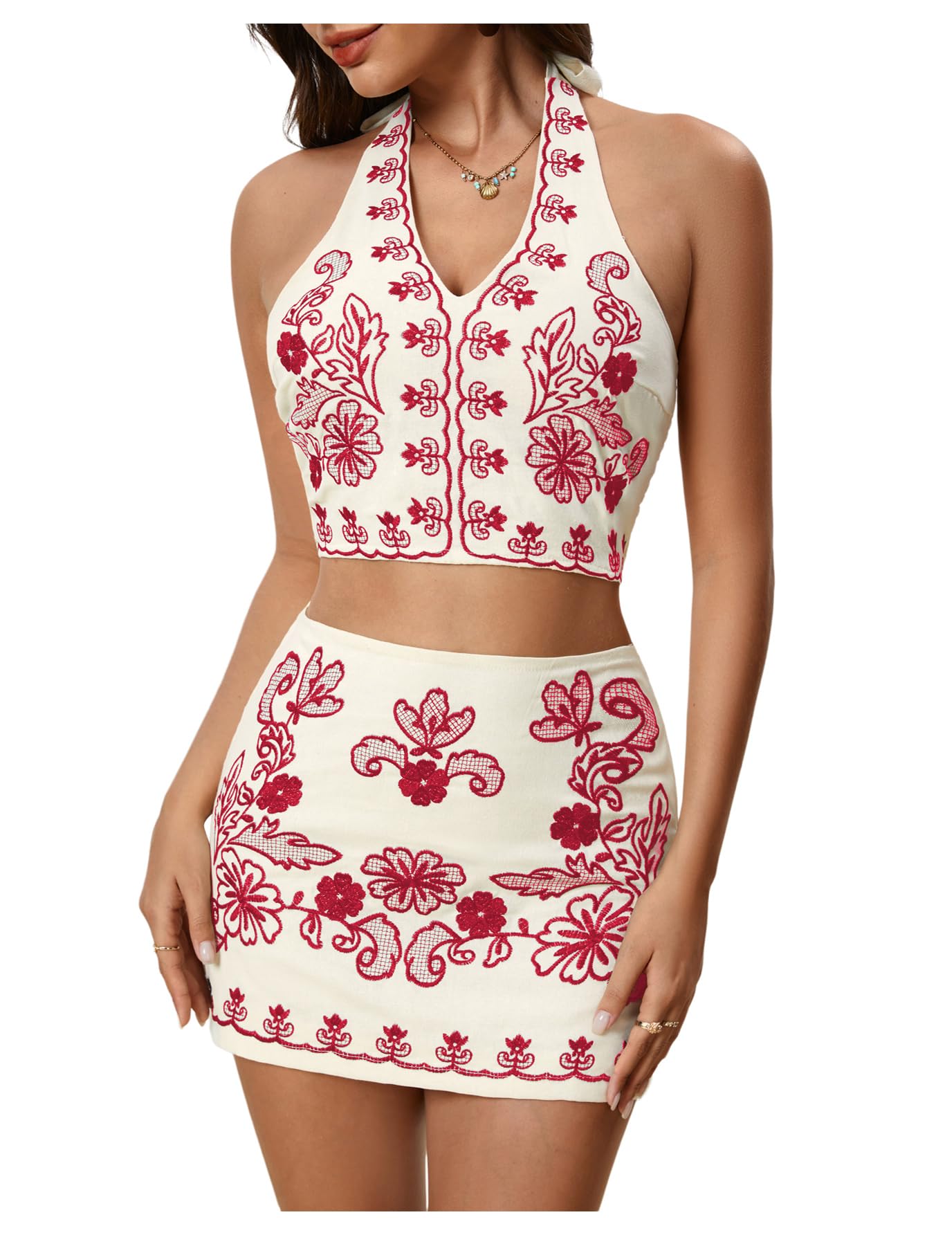Photo 1 of **BOTTOMS ONLY** MakeMeChic Women's 2 Piece Outfits Floral Embroidery Halter Tie Open Back Crop Tops and Bodycon Skirt Set Red Large