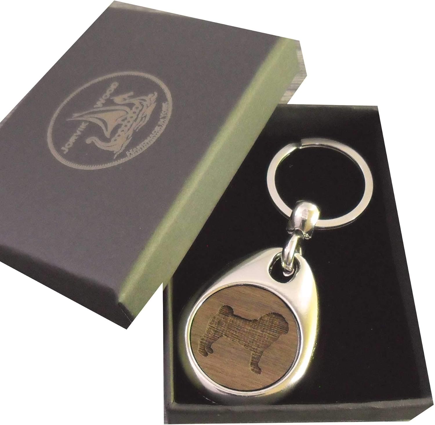 Jorvik Wood Pug Design Wooden Keyring with Gift Box, Brown, 2