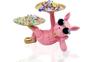 Huhote Resin French Bulldog Tray Statue, Lying Bulldog Candy Dish Key Holder Bowl, French Bulldog Accessories, Statues for Office Desk Home Decor Figurines Entryway Table Decor (Pink)