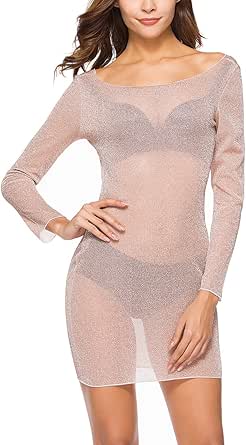 Amazon.com: Seevy Women's Party Club Dress Mesh See Through Glitter Dress Without Bra Pink 