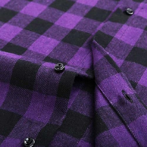 Cromoncent Men's Casual Plaid Flannel Shirt - Black Purple Checkered Button-Down With Corduroy Collar