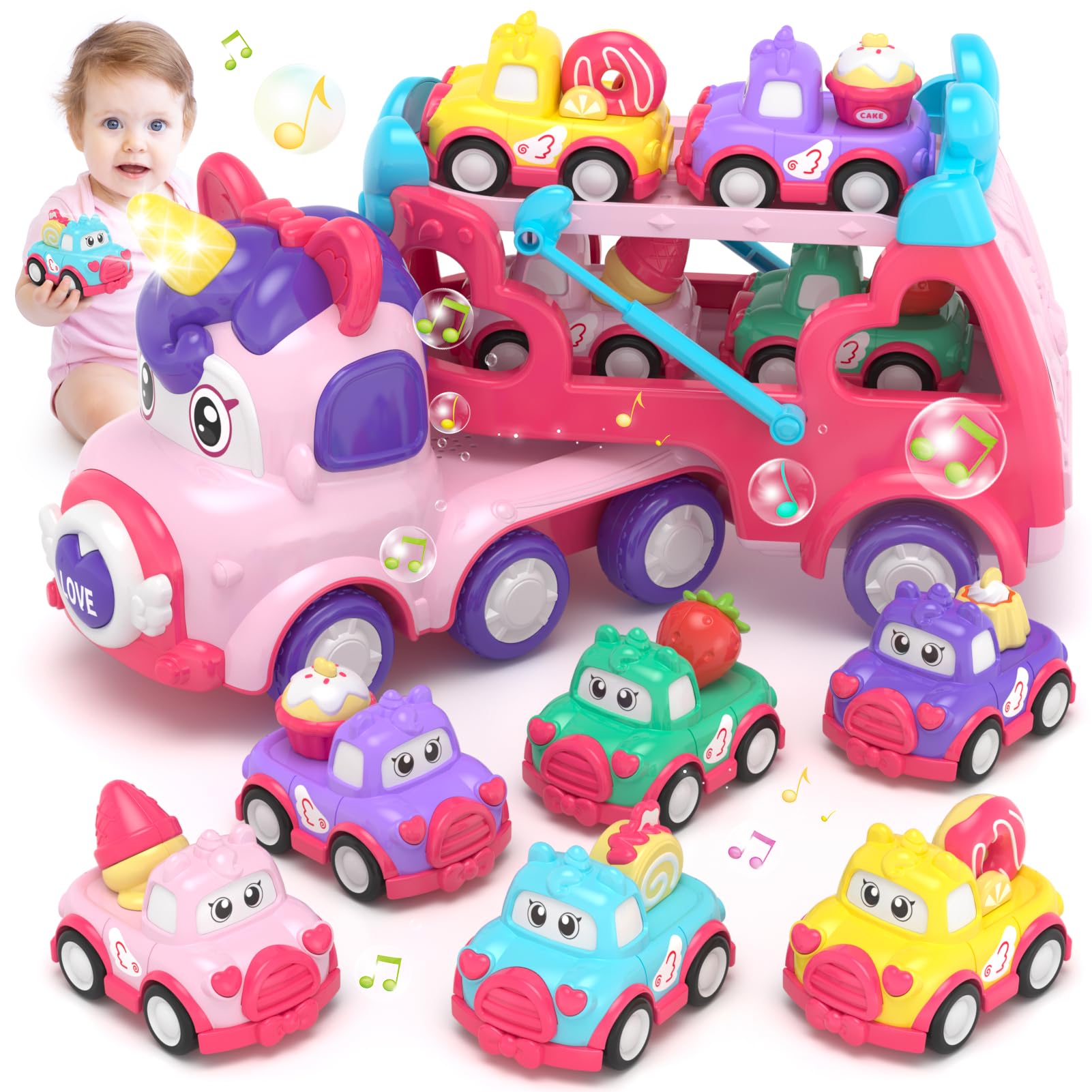 usrela 7 in 1 Toy for 2 3 Year Old Girls, Transporter Carrier Truck with Light & Music, Princess Toddler Girl Toys Age 1-2, 2-3, Toddler Toys for 1 2 3 Year Old Girl Birthday Gifts Christmas — image 1