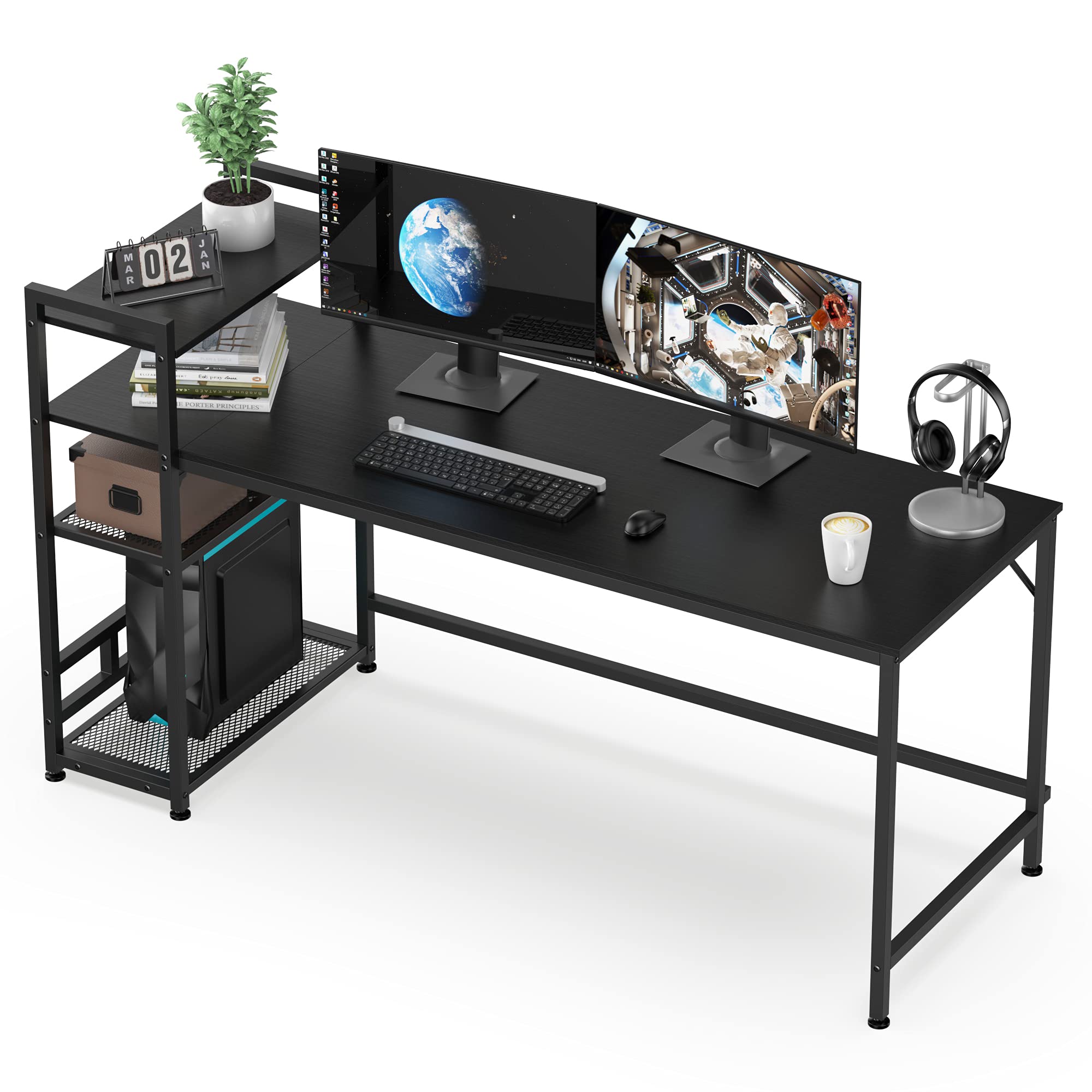HOMIDEC Desk, 160x60cm Computer Desk with Bookshelf, 110cm Height Study Computer Laptop Table with 4 Tier DIY Storage Shelves Writing Table for Home Office Bedroom