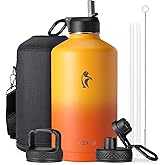 Coolflask 128 oz Gallon Water Bottle Insulated with Straw&3 Lids, Water Jug Large Stainless Steel Metal Vacuum Wide Mouth for Sports, Gym or Office, Non-BPA Keep Cold 48H Hot 24H, Ombre Yellow/Orange