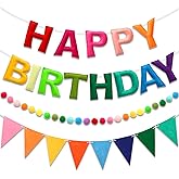 LITAUS Pre-Strung Happy Birthday Banner & Felt Garland Set - Colorful Birthday Decorations for Women Men Boys Girls | Reusable Party Supplies for Indoor & Outdoor