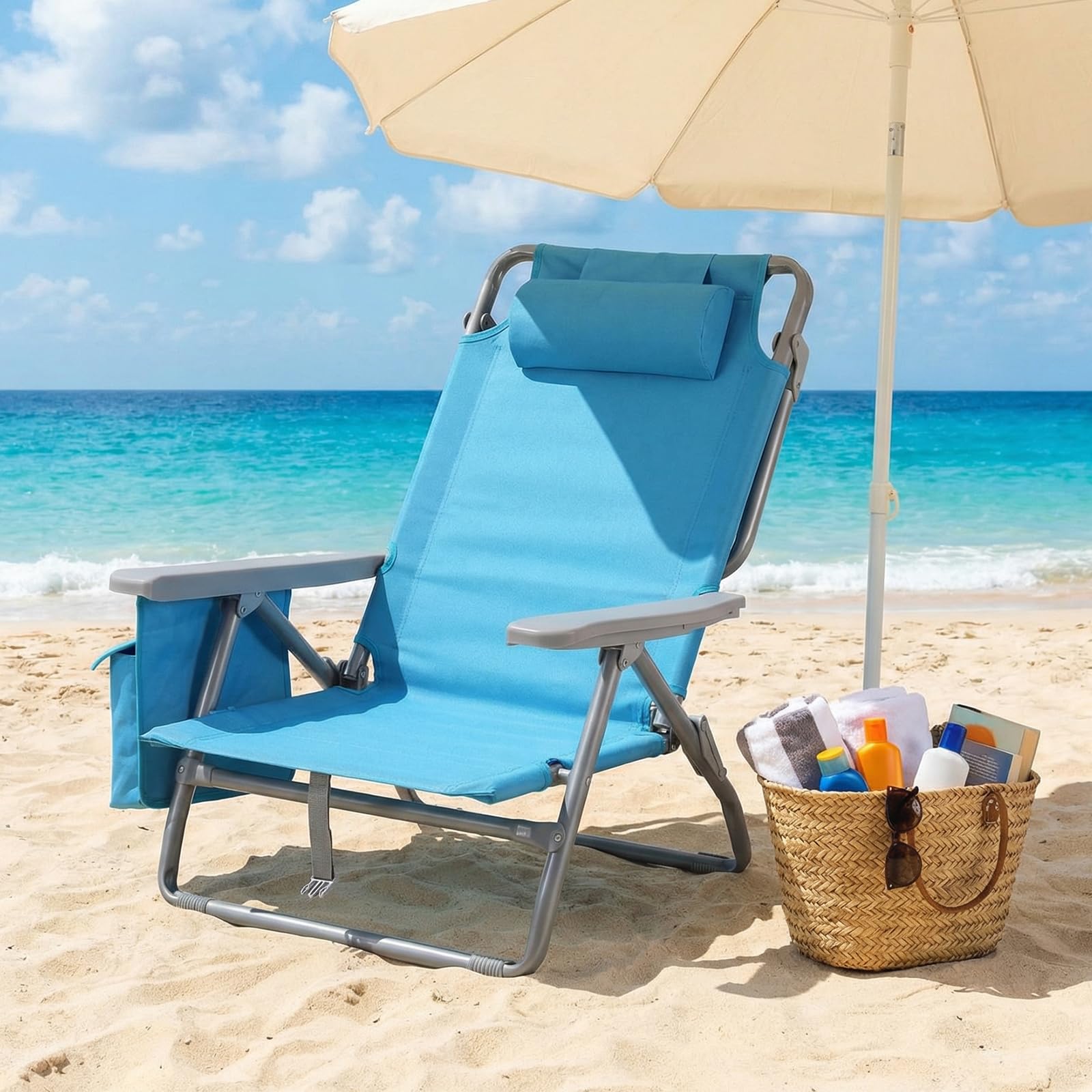 LIFERUN Strandstuhl Klappbar Leicht 2er Set, Rucksack Klappstuhl Strand, Campingstuhl Kann Flach Liegen,bis 150 kg belastbar, Outdoor Faltstuhl mit Verstellbarer Hohe Rückenlehne, Eisbeutel,Blau 7