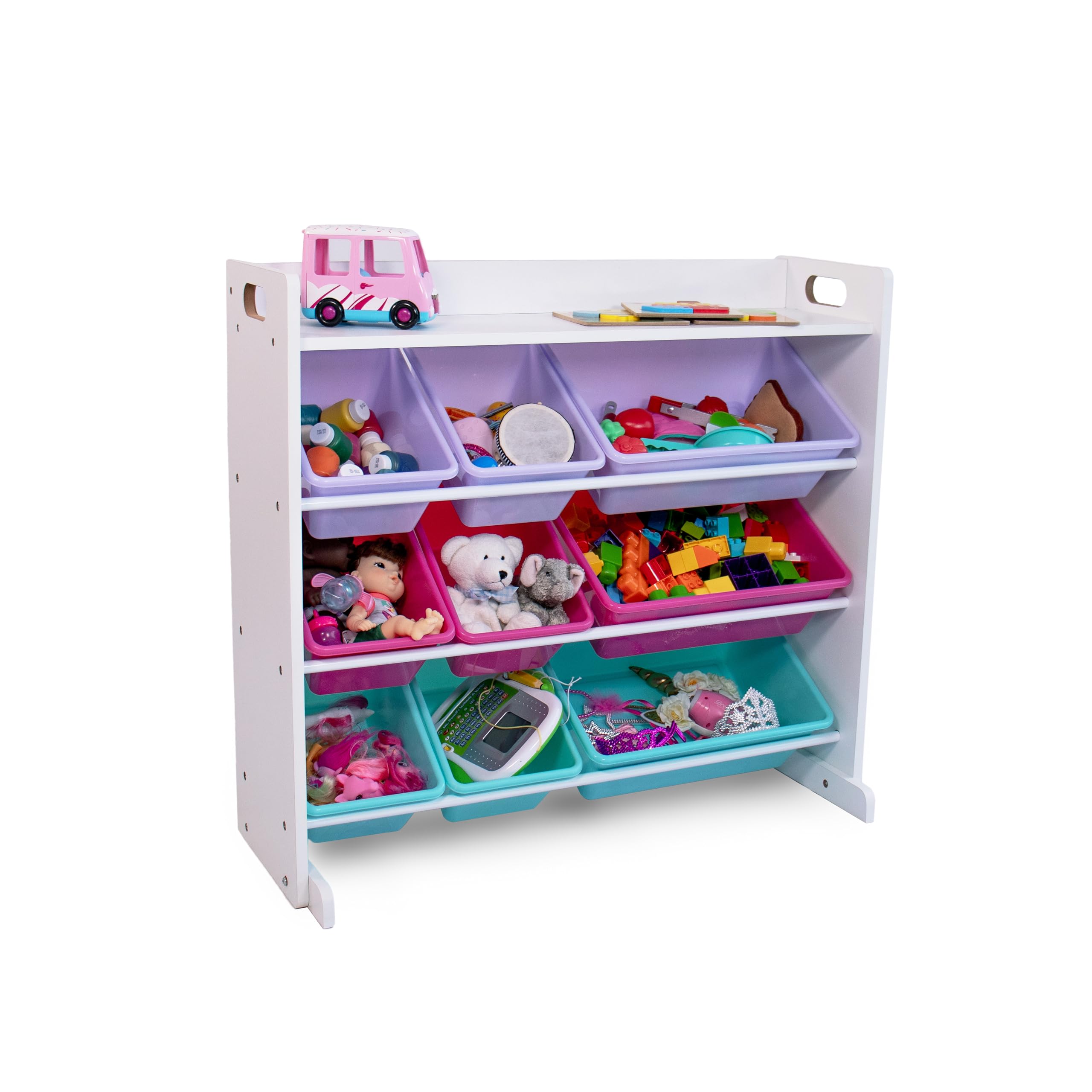 Humble Crew Crafts and Toy Storage Organizer with Top Shelf and 9 Removable Bins, White/Pink/Purple/Aqua Toddler Bookshelf with Organizer - Modern Rack Ideal for Kids' Rooms, Playrooms, and Nurseries Image