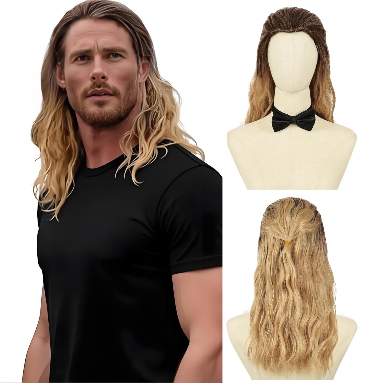 BECUS Blonde Wig for Men Wigs Long Wavy Synthetic Hair for Adults Halloween Cosplay with Free Wig Cap (20''-Blonde)