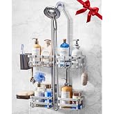 Aluminum Shower Caddy Hanging,Shower Caddy, Never Rust Shower Organizer | 4 Levels with adjustable Height 10 Hooks for Razor/Sponge - Rack with Soap Basket (Silver)