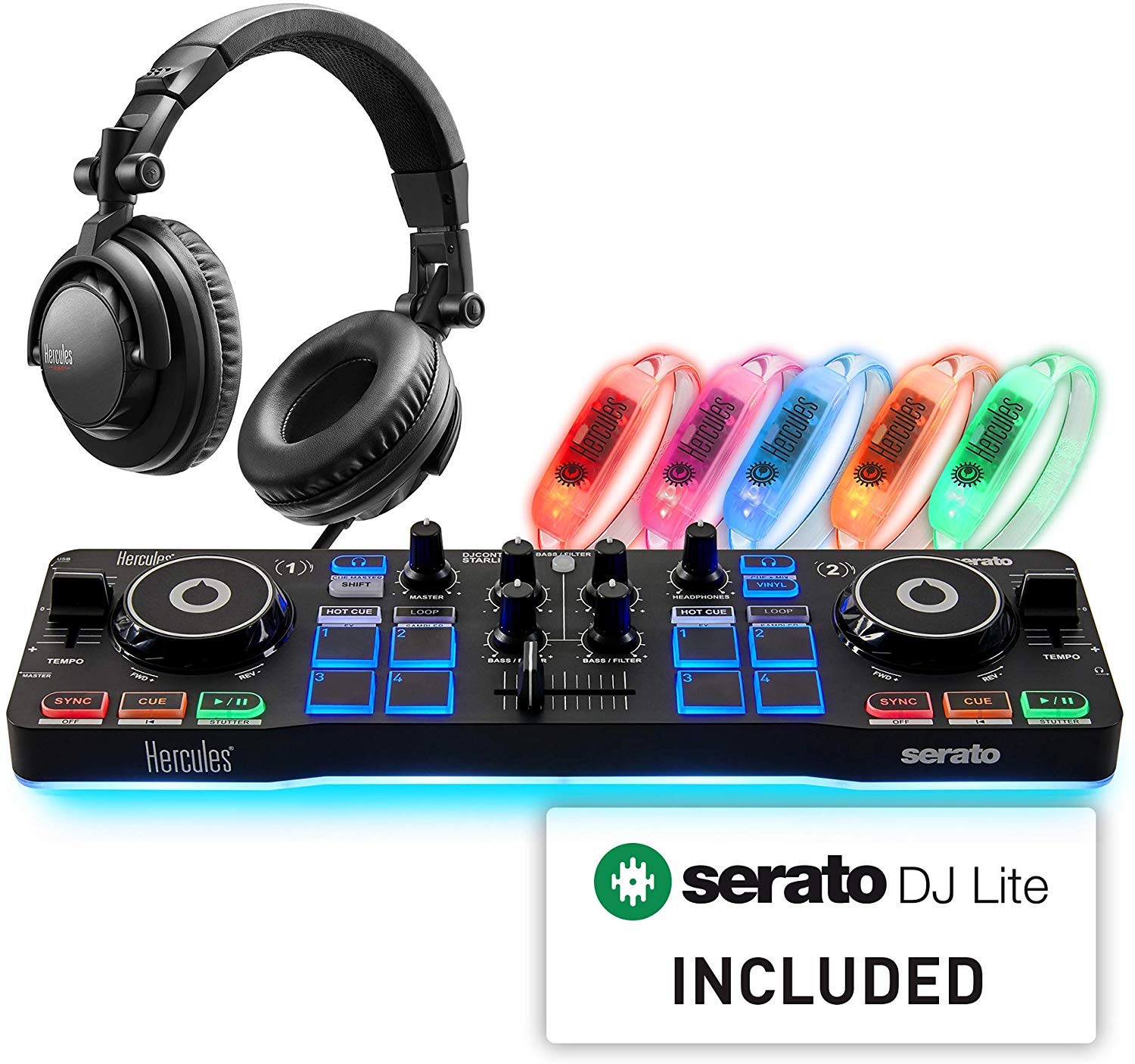 Hercules DJ Party Set - Ultra Compact 2 Deck DJControl Starlight - HDP DJ45 headphones - LED Wristbands