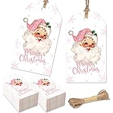 Whaline 100Pcs Merry Christmas Paper Gift Tags Pink Santa Claus Snowflake Blank Hanging Labels with Hemp Rope for Xmas Winter Holiday Present DIY Crafts