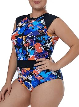 Aleumdr Womens Zipper One Piece Swimsuit Floral Print Monokini Cap Sleeve Swimwear Plus Size Multicoloured Medium 8 10 At Amazon Women S Clothing Store