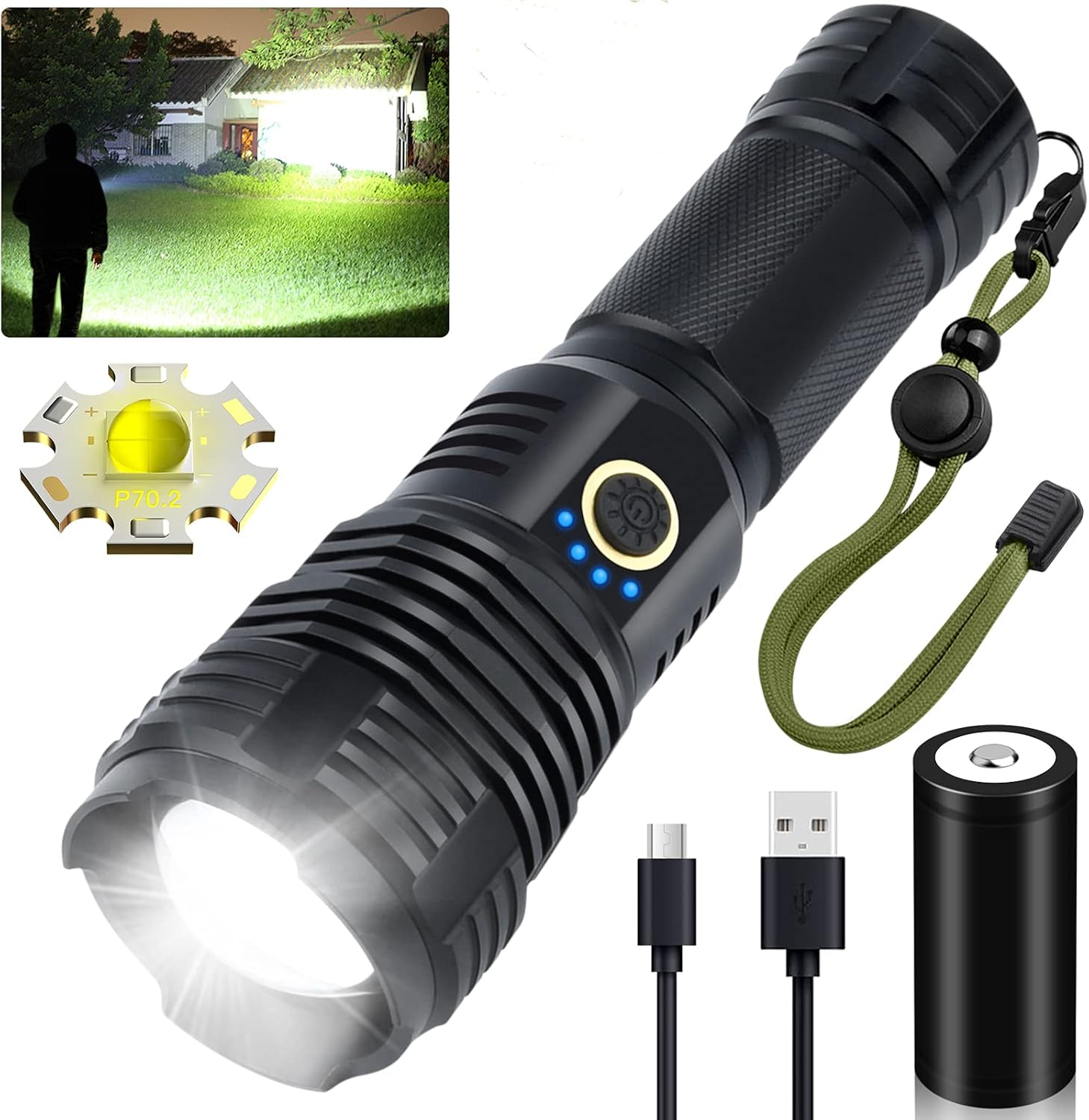LED Flashlights Rechargeable High Lumens, 90000 Lumens Super Bright Tactical Flashlights, Xhp70.2 Zoomable Waterproof Flash Light 5 Modes for Camping, Hiking, Outdoor, Emergency (with 26650 Battery) - - 