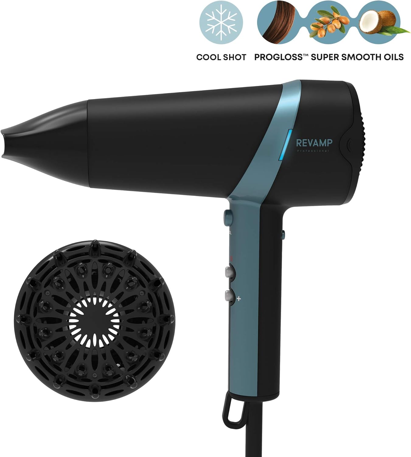 REVAMP Progloss Quad Ionic 3800 Hairdryer, Lightweight, Portable Hairdryer with Concentrator and Volumiser Attachment