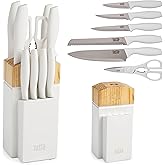 Tasty Kitchen Knife Set with Block, Cutlery Set includes Chef, Bread, Utility, Paring, Steak Knives & Shears, 10-Piece, White
