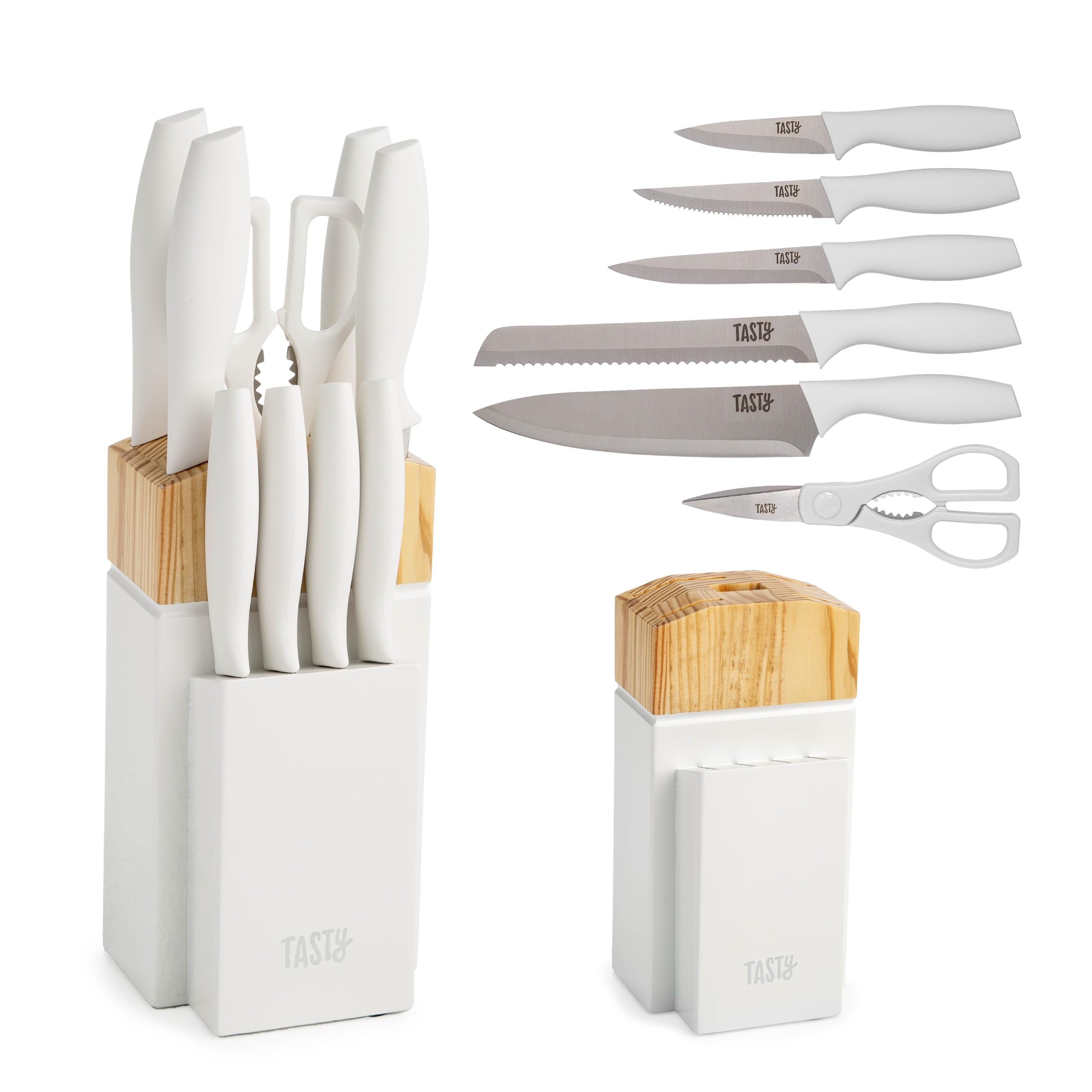 Photo 1 of Tasty Kitchen Knife Set with Block, Cutlery Set includes Chef, Bread, Utility, Paring, Steak Knives & Shears, 10-Piece, White