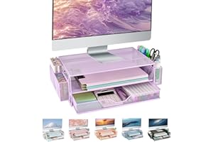 AUPSEN 2 Tier Computer Monitor Stands with Drawers and 2 Pen Holder, Desk Accessories & Workspace Desk Organizers, Desktop Organizer for Computer, Laptop, Printer, Office Supplies(Purple)