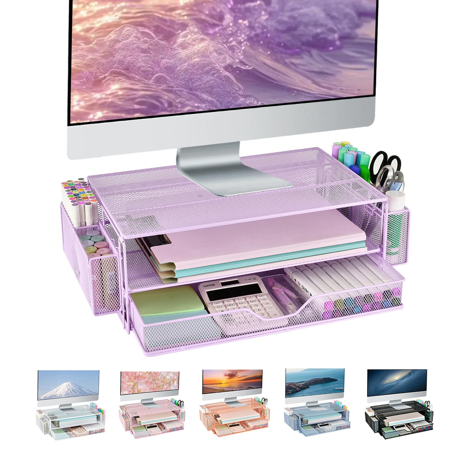 Photo 1 of AUPSEN 2 Tier Computer Monitor Stands with Drawers and 2 Pen Holder, Desk Accessories & Workspace Desk Organizers, Desktop Organizer for Computer, Laptop, Printer, Office Supplies(Purple)
