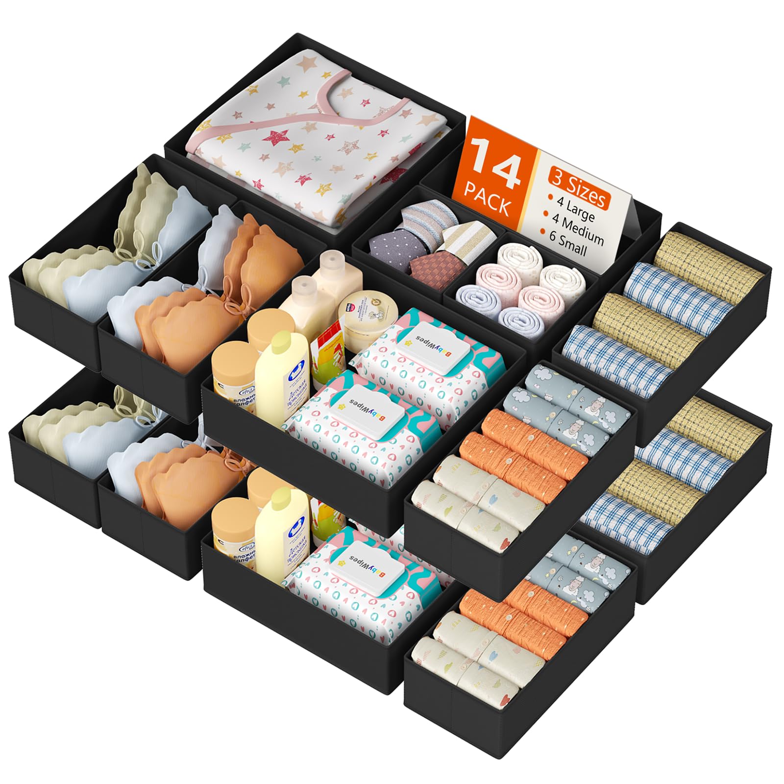 DIMJ Drawer Organizer Clothes 14 Pack - Foldable Baby Organizers and Storage & Dresser Organizer for Bedroom, Closet - Nursery Organization Dresser Dividers for underwear, Sock,Bra, Belt, Tie, Black Image