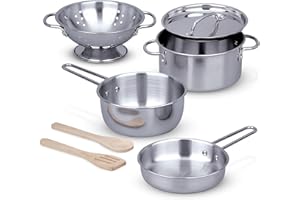 Melissa & Doug Stainless Steel Pots & Pans, 8 Piece Play Kitchen Set, Premium Play Kitchen Accessories & Cooking Utensils, Preschool Toys for Kids 3+