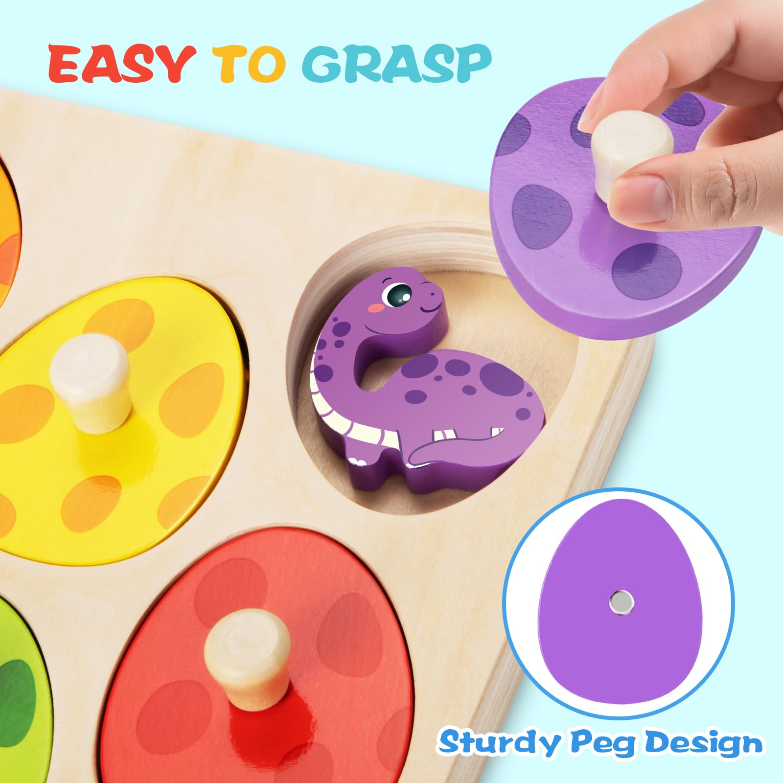 TOHIBEE Wooden Puzzles Montessori Toys for Toddlers 1-3, Dinosaur Eggs Peg Puzzles, Preschool Education Learning Toys for Boys and Girls, 6 Brightly Color Cute Dinosaur Shapes